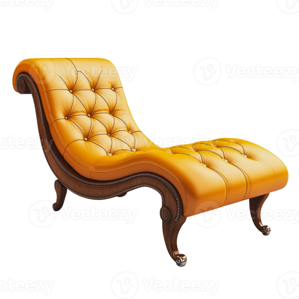 Elegant orange chaise lounge with tufted design and wooden legs in a modern living room setting png