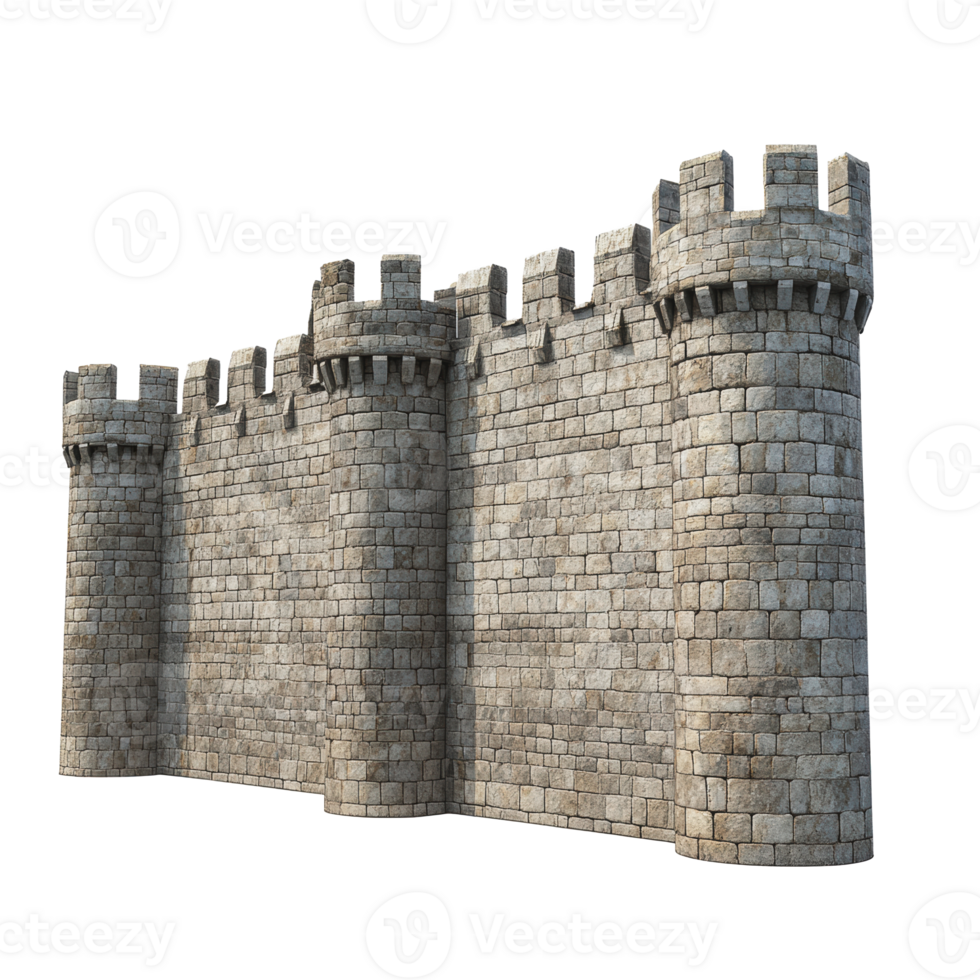 Stone castle wall with turrets in a medieval style, located in an open area during daylight png