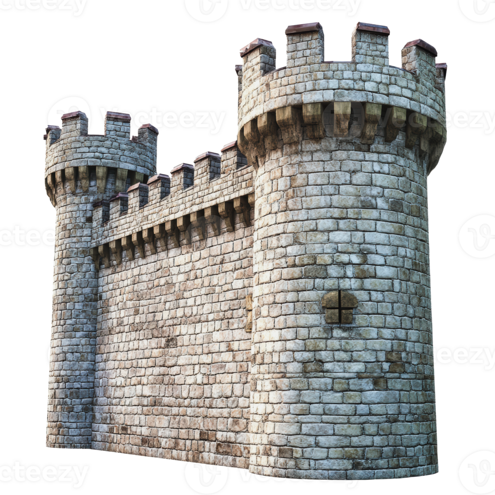 Medieval stone castle with towers and battlements in a natural setting png