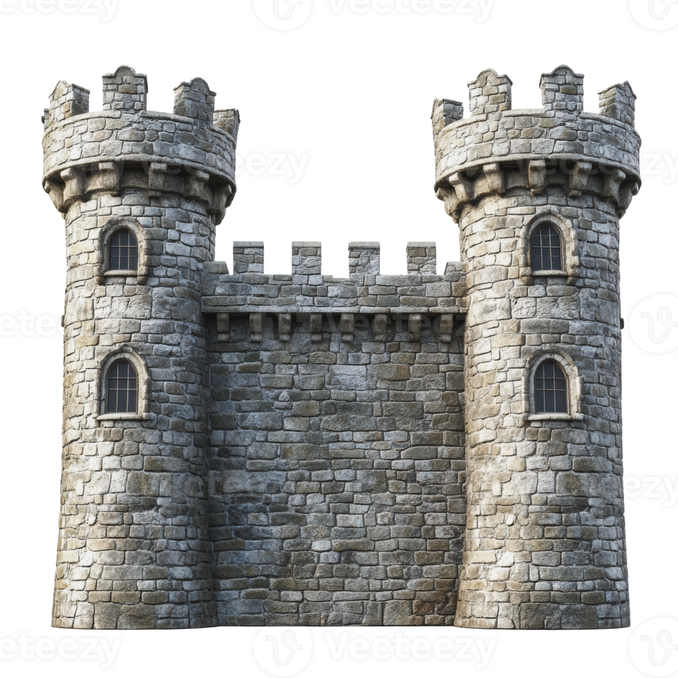 A detailed medieval stone castle with two towers and battlements, set against a clear blue sky during daytime png