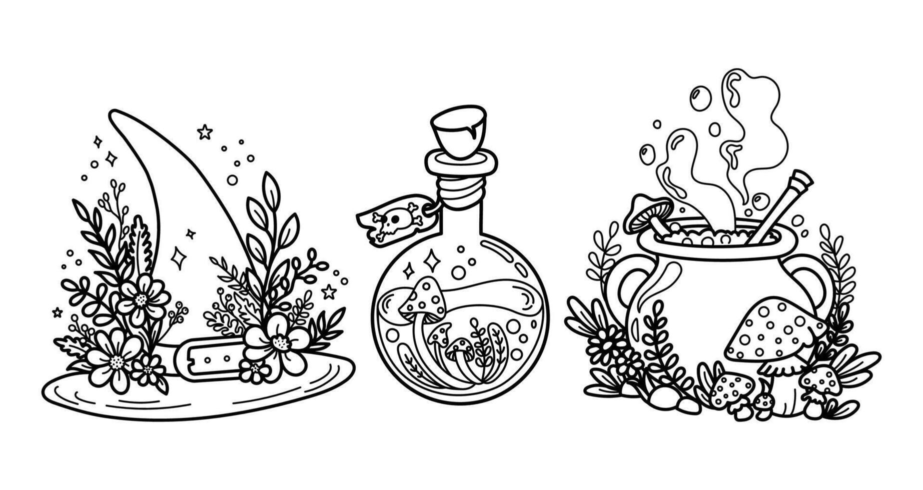 illustration of a witch's hat, potion bottle, and cauldron, surrounded by magical plants and mushrooms. vector