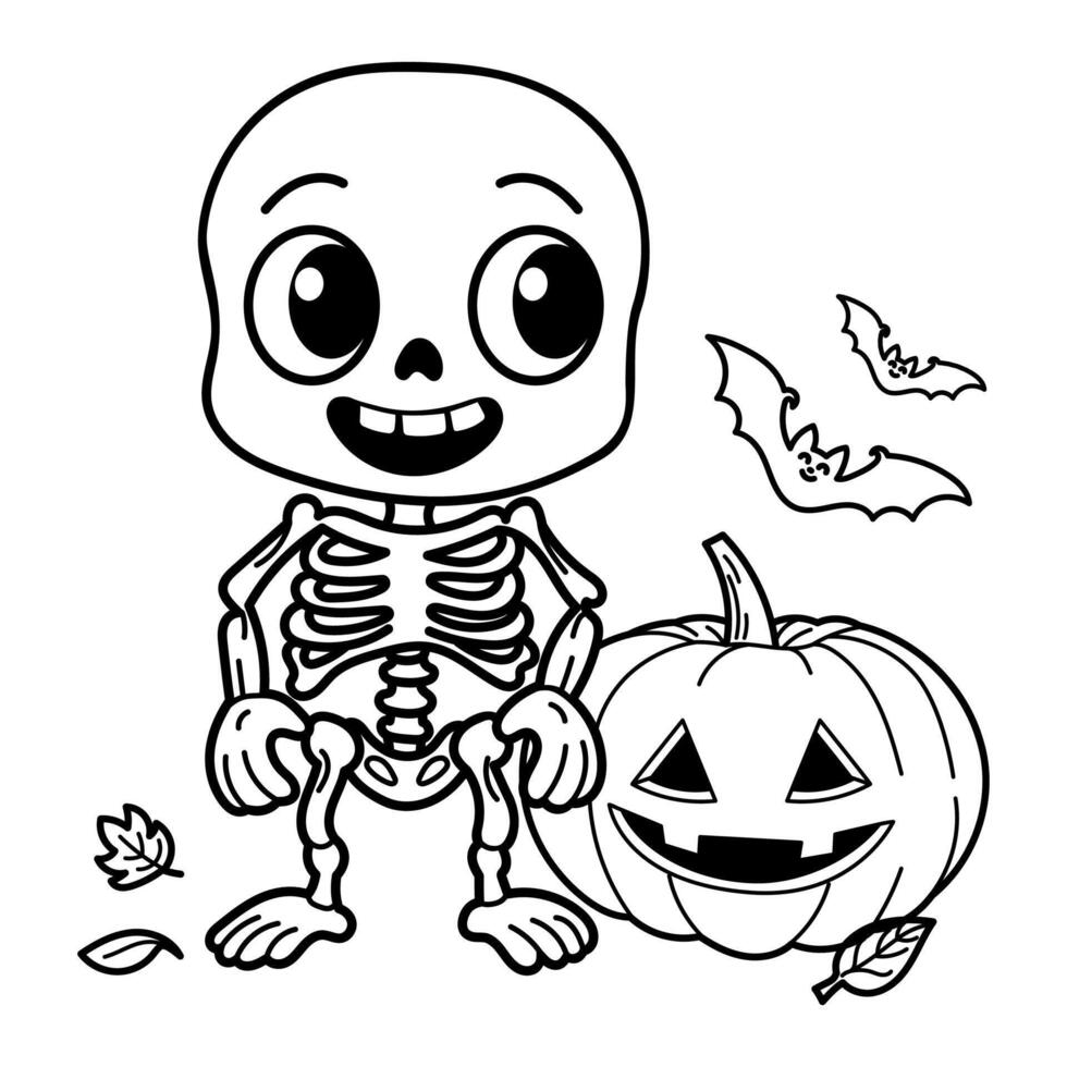 Hand drawn illustration features a happy skeleton with a jack-o'-lantern pumpkin, perfect for Halloween designs vector