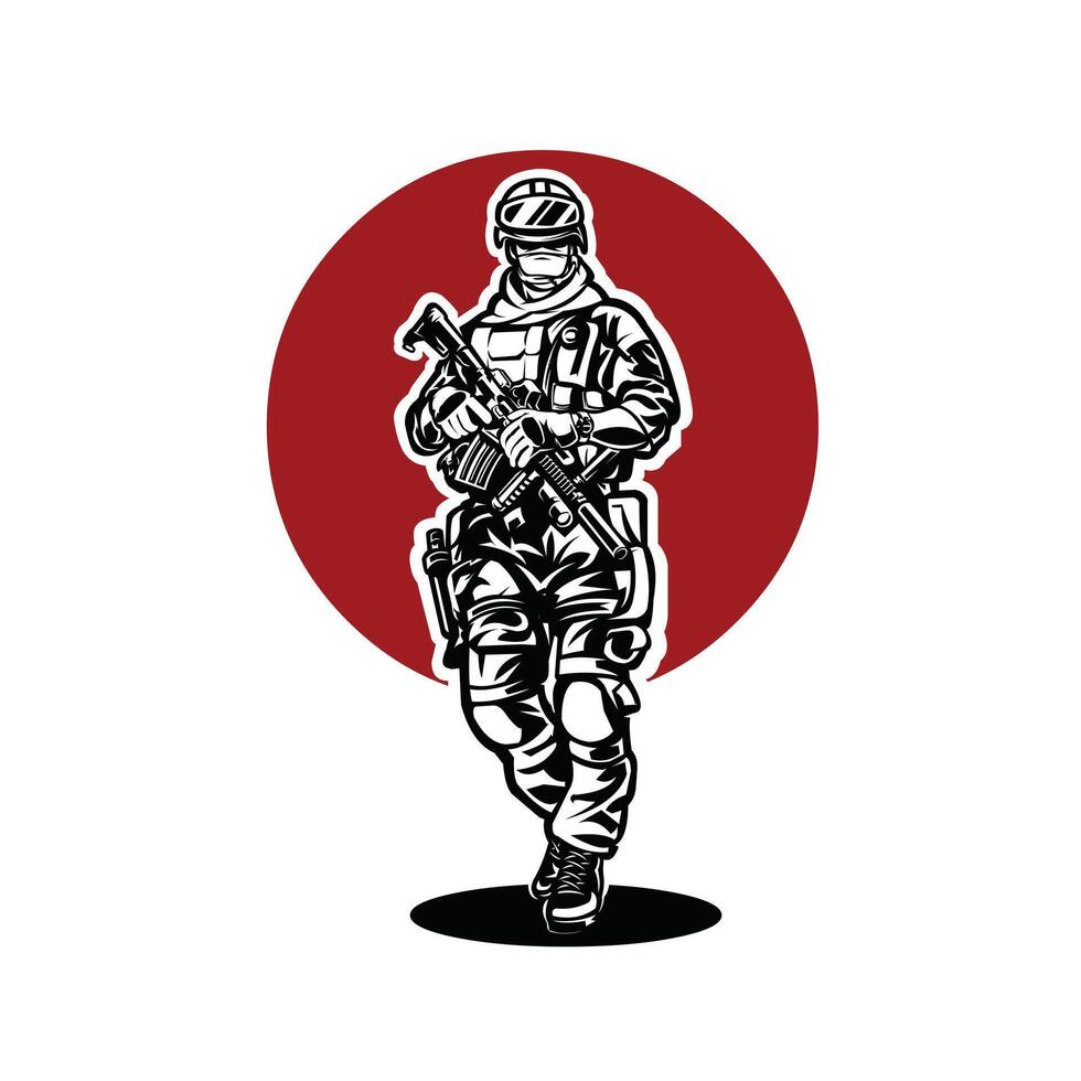 Military soldier in uniform and gun. Army soldier in modern equipment with a machine gun in his hand design isolated vector