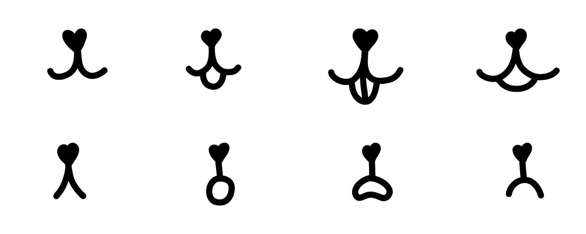 Hand drawn dog face with tongue hanging out. Dog tongue lick mouth and nose. Doodle happy cat face with open mouth. Icons set. Stock illustration isolated on white background. vector