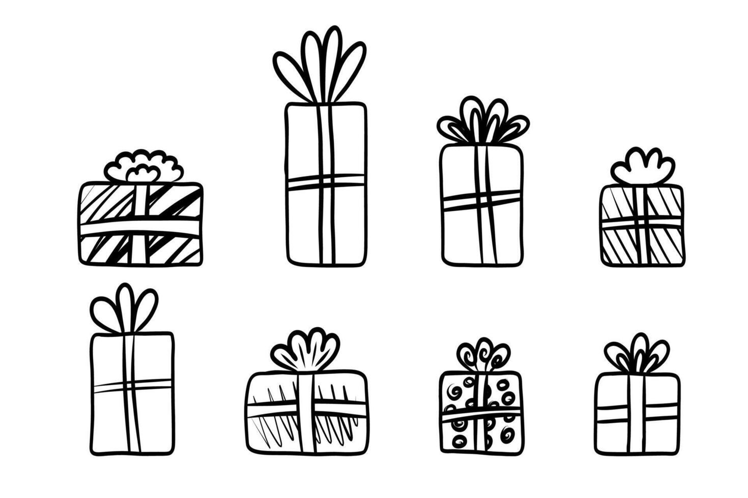Doodle holiday christmas gift boxes wrapped in paper and decorated with ribbons and bows. Outline packed festive presents. Stock illustration isolated on white background. vector