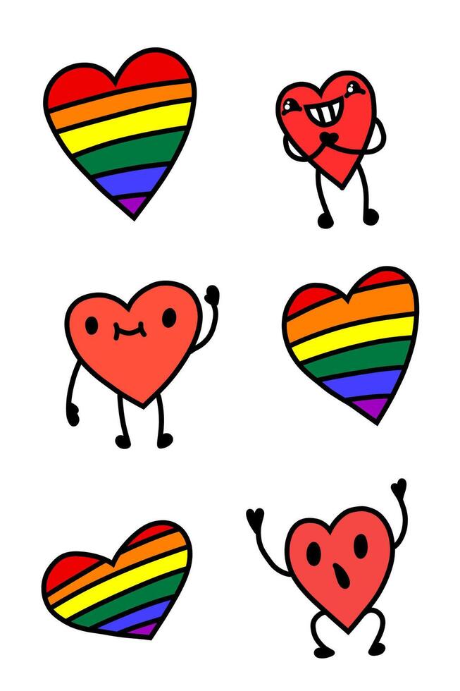 LGBT heart character. Cartoon heart emoji gay. Homosexual rainbow symbol. Stock sticker flat illustration on a white background. vector
