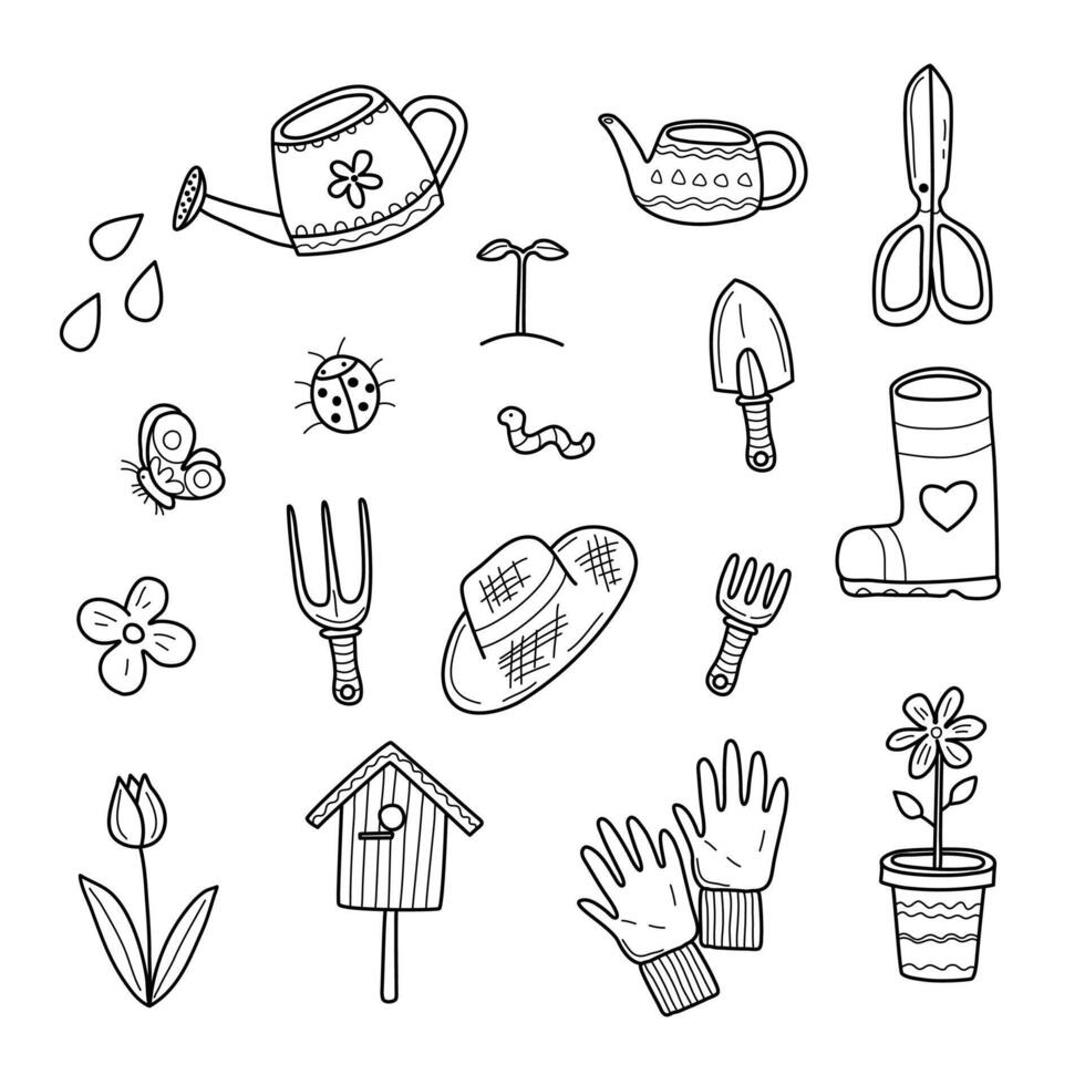 Spring garden. Hand drawn doodle garden with flowers, birdhouse, shovel, pitchfork, pot, beetle, watering can, hat, boots, scissors. Stock black and white set illustration with nature. vector