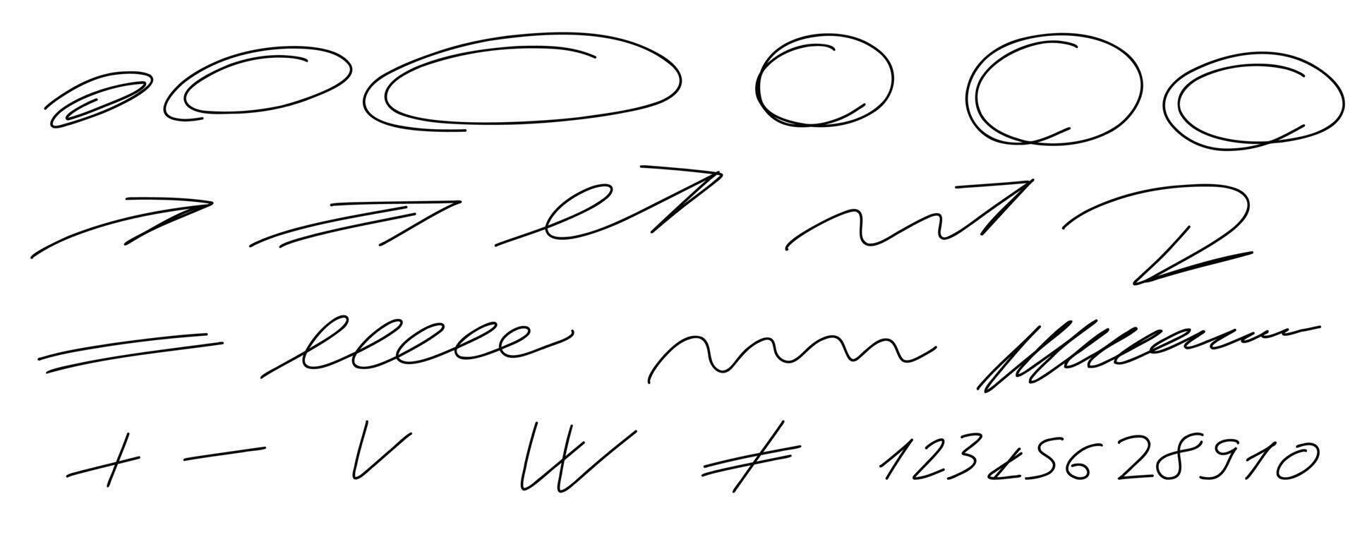 Highligh oval frame set. Marker hand drawn lines, arrows, check mark ...