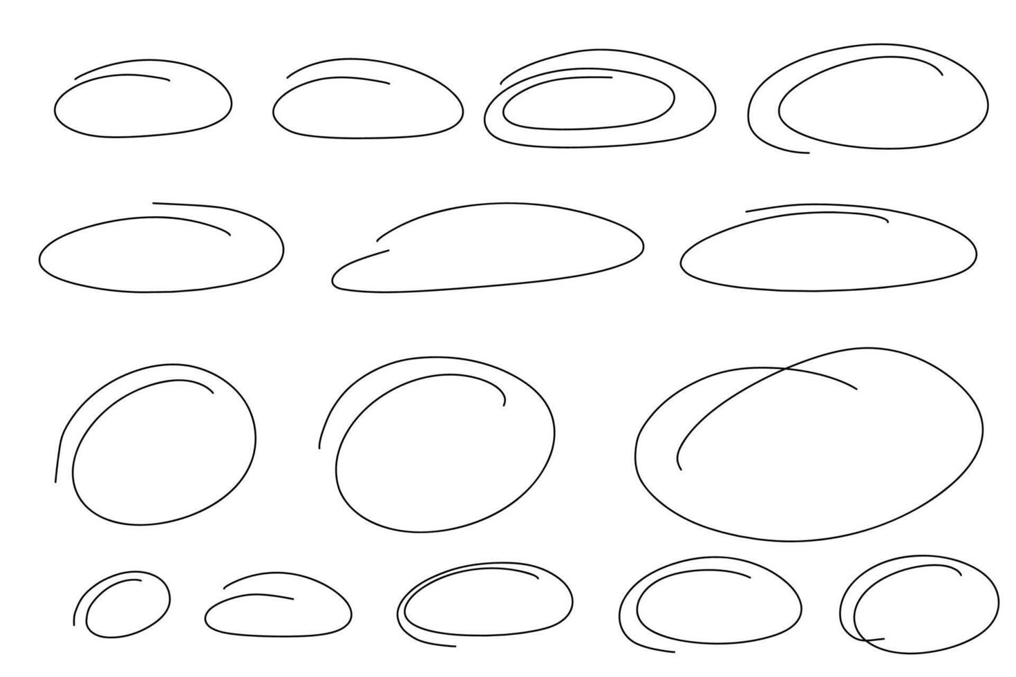 Hand drawn highlight ovals and circles set. Ovals of different widths. Highlight circle frames. Ellipses in doodle style. Set illustration isolated on white background. vector