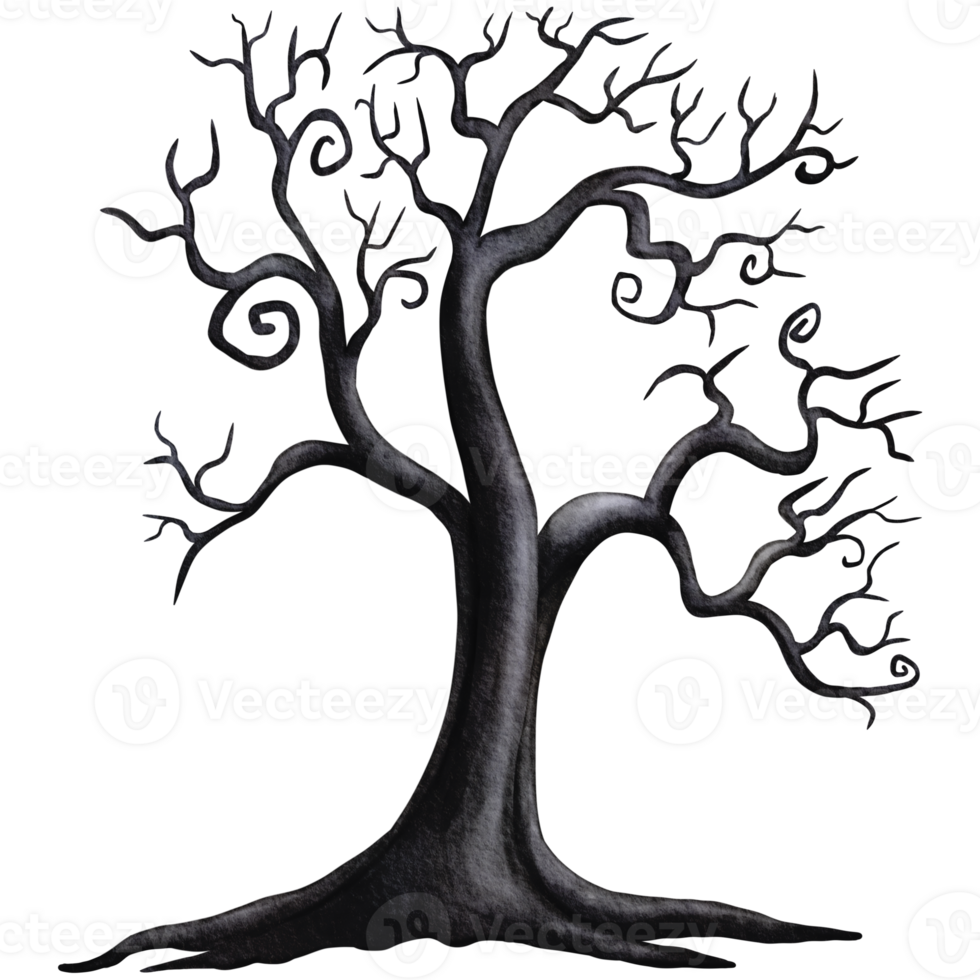 black horror tree spooky watercolor halloween clipart, halloween party invitations, scrapbook designs, holiday decoration, mystical, and magical themes png