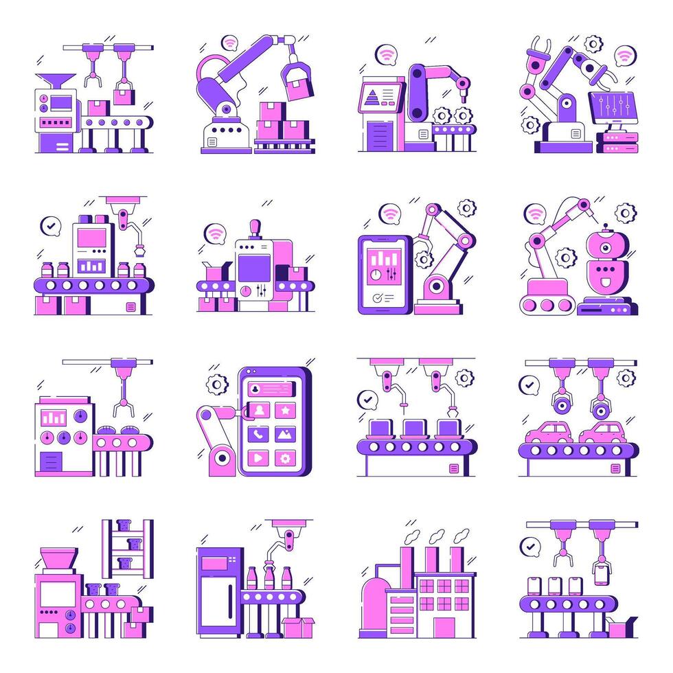 Set of Factory Automation Flat illustrations vector