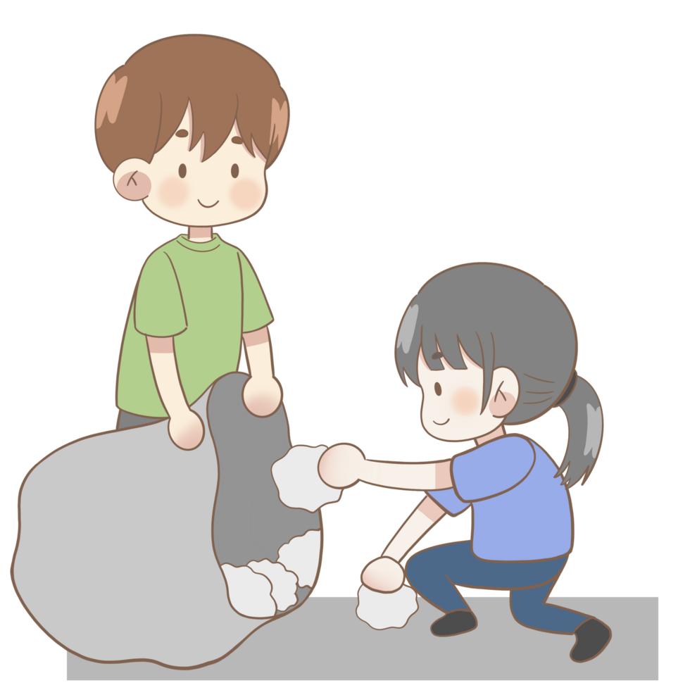 cartoon boy and girl putting trash in a bin png