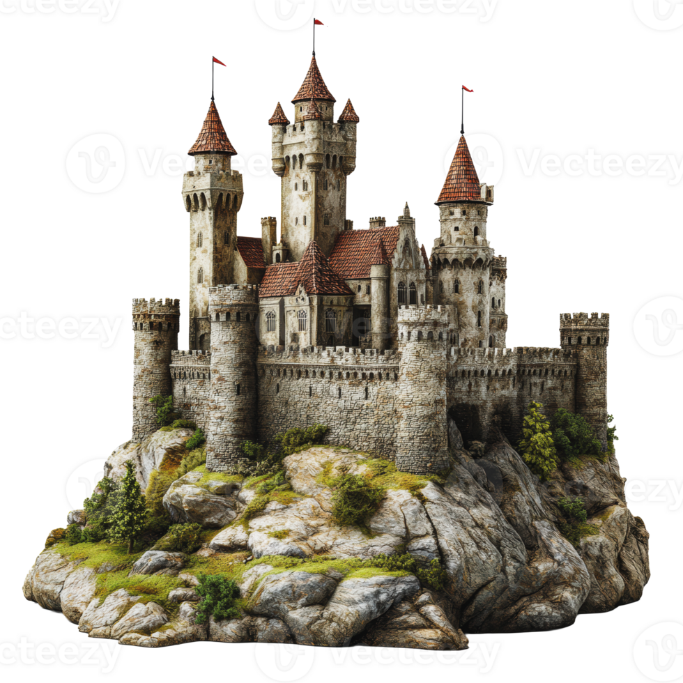 Miniature castle model on rocky terrain png