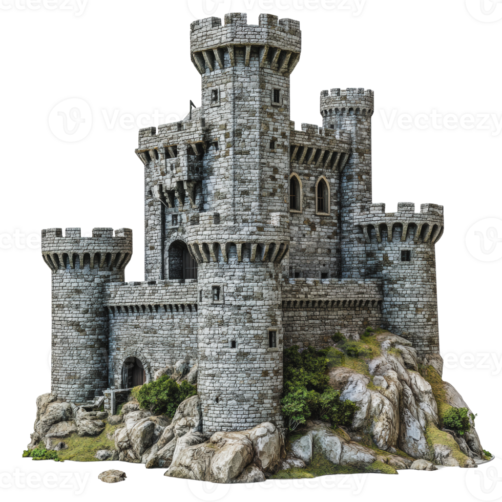 Detailed stone castle on rocky terrain png