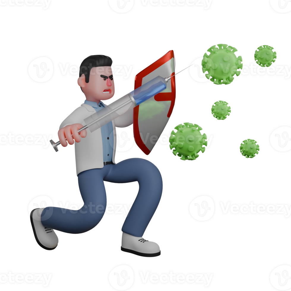 Male Professional Doctor. A Male Holding a Large Syringe and a Shield with a Red Symbol on it, Ready to Face the Virus. 3D Character Healthcare png