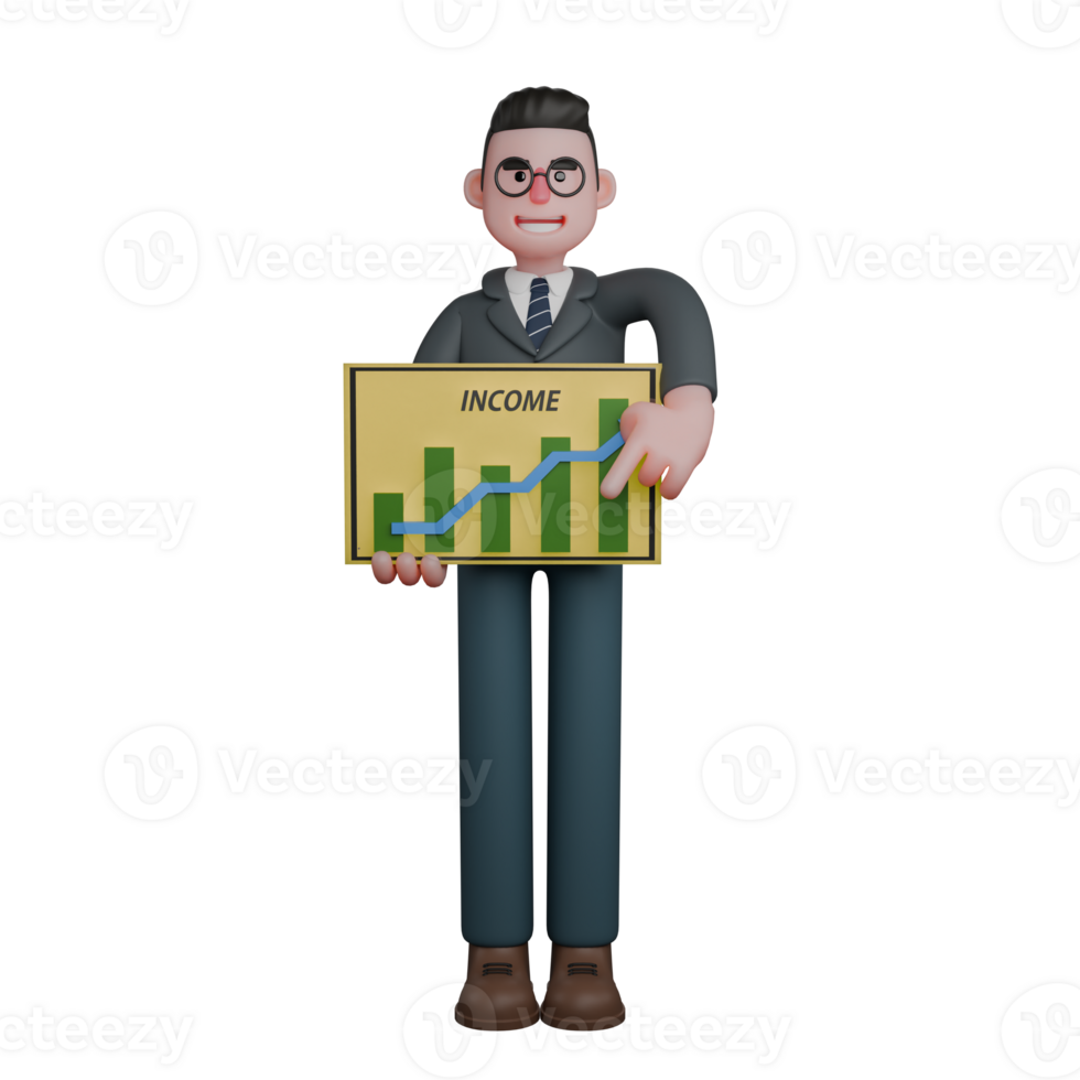 3D Model of Professional Male Teacher. A man in formal attire is holding a board displaying a rising income chart. Cartoon png