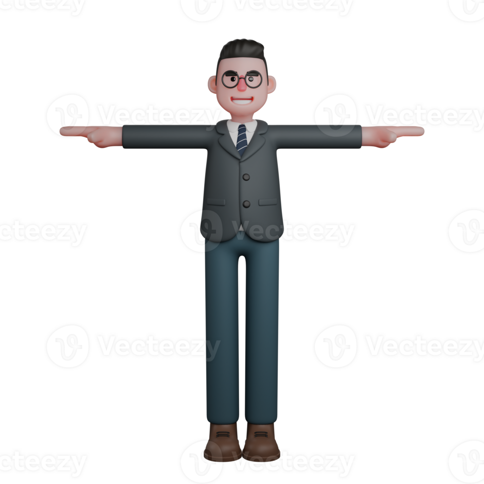 Teacher's Lecture in 3D. A man in a suit stands with his arms stretched straight out to the side, pointing in both directions with his index fingers. Male Cartoon png