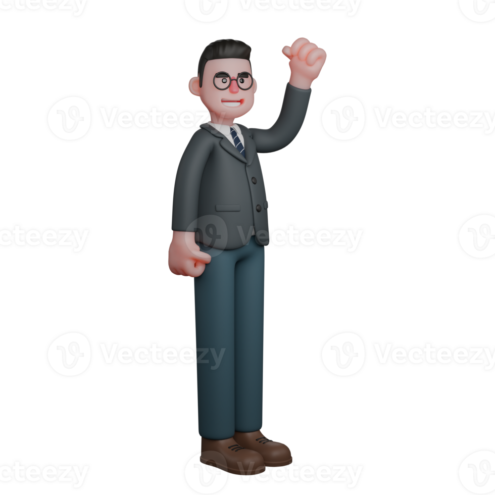 Professional Male in Education. A man dressed in formal attire stands with one hand raised, displaying and victorious stance. 3D Teacher Cartoon png