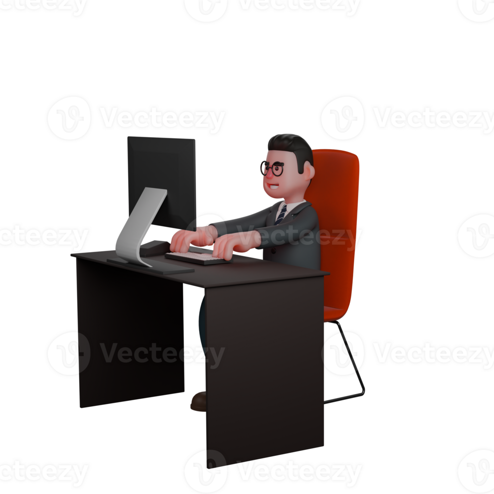 Educational Professional 3D. Man Sitting on a Chair and Working in Front of a Computer on a Desk. Male Teacher Cartoon png