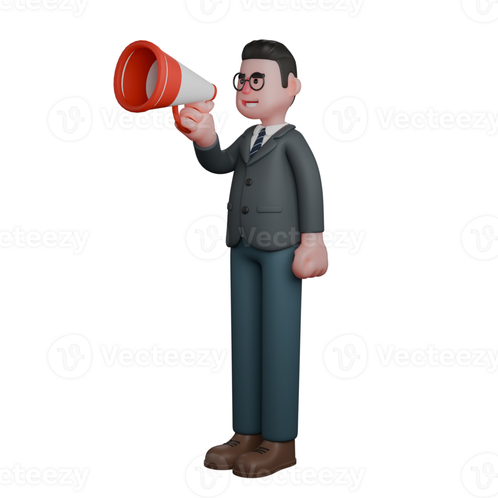 of Male Educational Professional. A man in formal attire holds a red and white megaphone, appearing to be speaking. 3D Teacher png