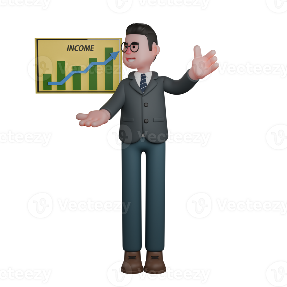Professional 3D Educational Teacher. A man in formal attire is showing a board displaying a graph of income growth while turning his face to the right. Male png