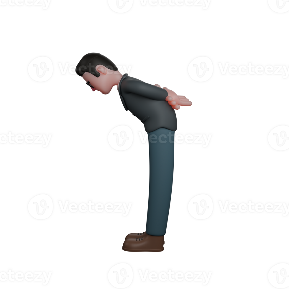 3D Character. A man in formal attire is bowing with his hands behind his back, showing respect or an apology. Cartoon png