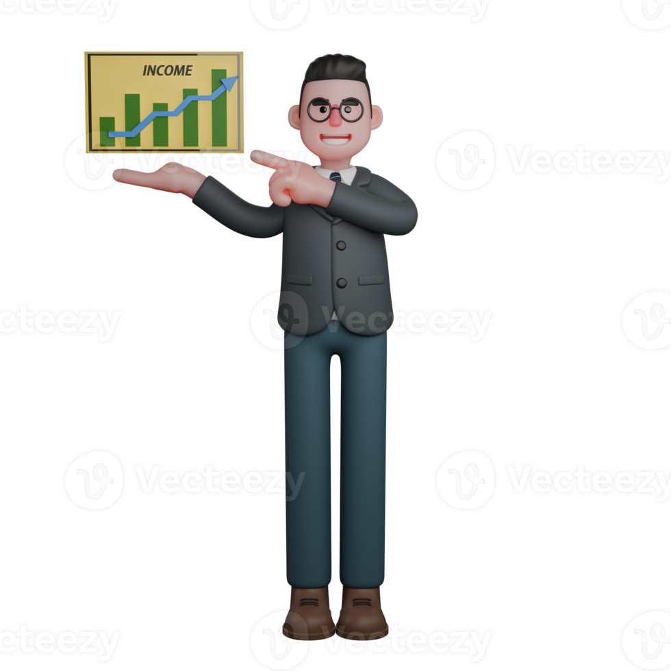 man in formal attire is presenting a board displaying an income growth chart. Professional png