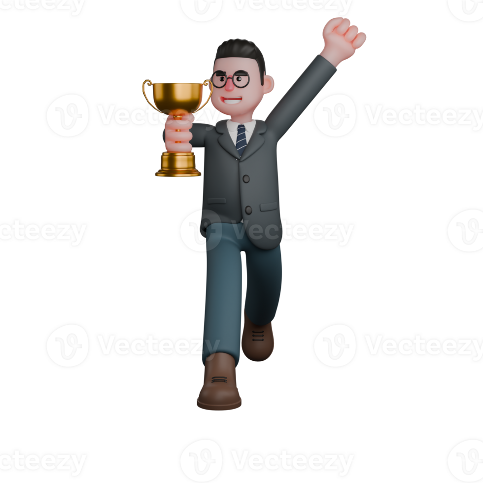 3D Professional Male Teacher Character. A man in formal attire is running with a wide smile while holding a trophy in his hand. Educational png