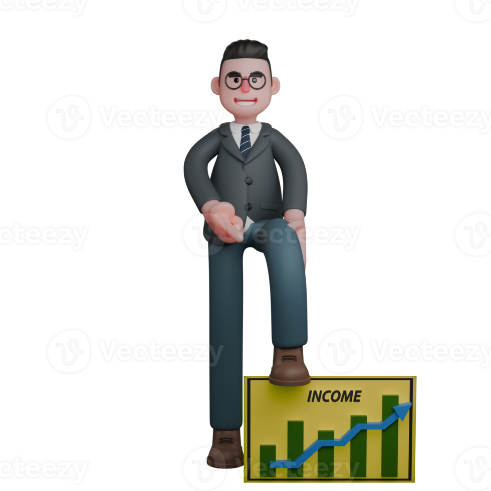 Educational Male Teacher. A man in formal attire stands with one foot on a board displaying a rising income chart. 3D Professional Character png