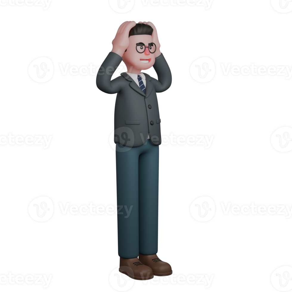 3D Educational Teacher Male. A man in formal clothes smiles while holding his head png