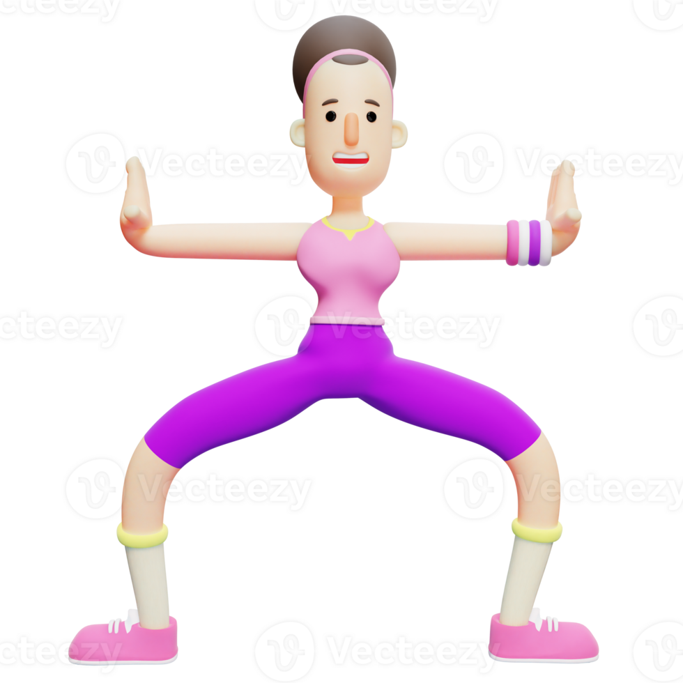 Cartoon Yoga Girl in 3D. A Female Cartoon Character Performing a Stretching Pose With Both Arms Extended Wide. Illustrative Pack png
