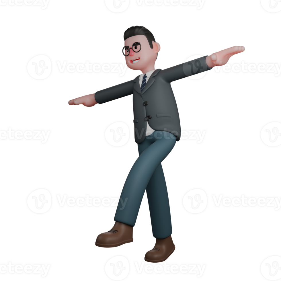 Illustrative 3D Male Teacher. A man in formal attire is striking a pose with both arms extended to the sides and one leg lifted, as if he is balancing himself. Professional png