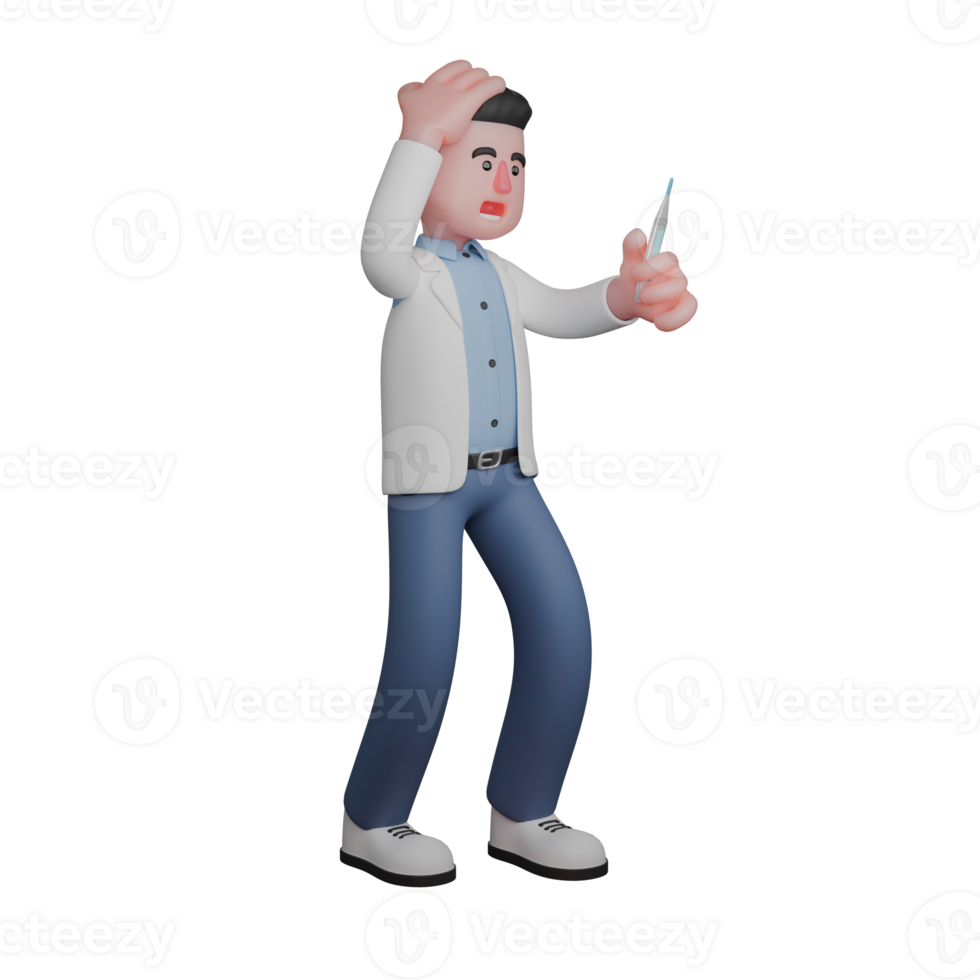 professionell manlig läkare i 3d. en manlig tecknad serie karaktär som en läkare, vem är chockade medan innehav en termometer. sjukvård karaktär png