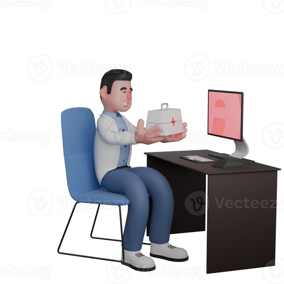 Illustrated Medical Professional. Doctor Demonstrating First Aid Kit in Online Consultation. 3D Male Doctor png