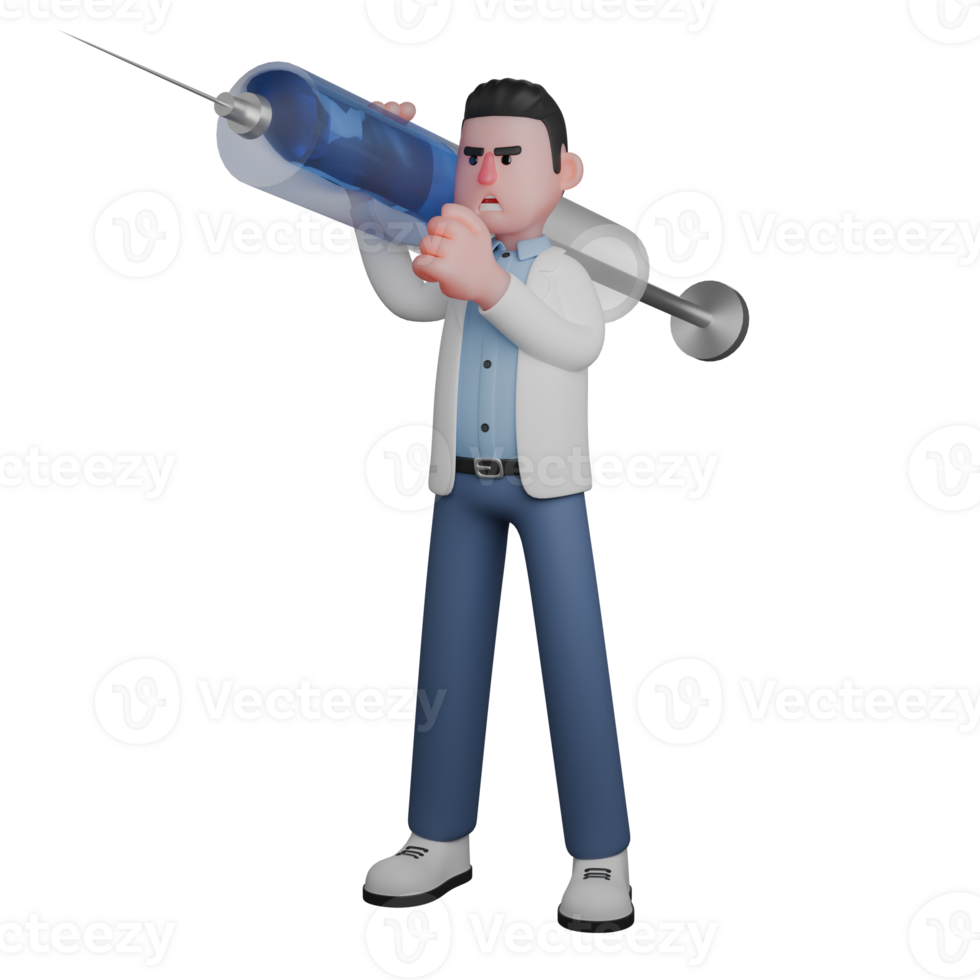 Medical Professional in 3D. Male Doctor Holding a Giant Syringe With a Serious Expression on His Face. Cartoon Male Doctor png