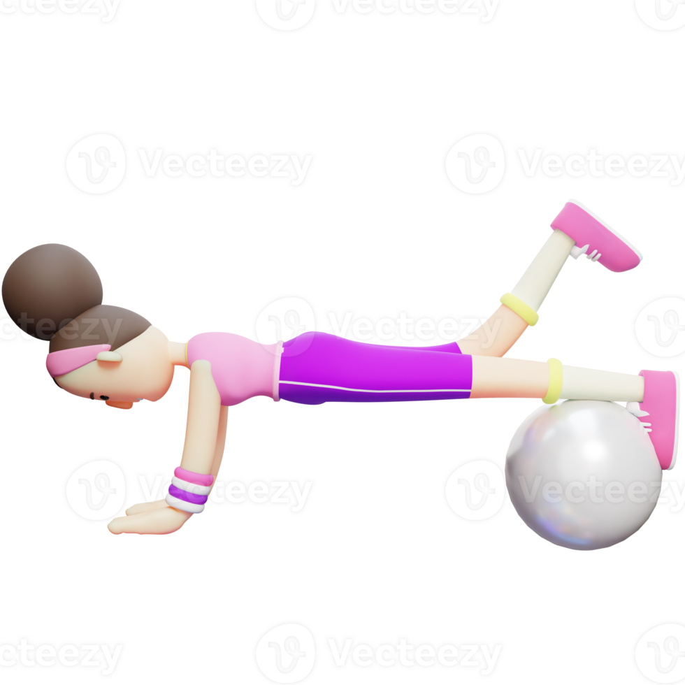 yoga niña en varios posa un hembra dibujos animados personaje ejecutando un tablón ejercicio utilizando un aptitud pelota. 3d dibujos animados png