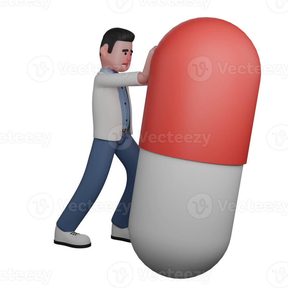 3D Cartoon Male Doctor. Male Doctor Pushing a Large Medicine Capsule. png