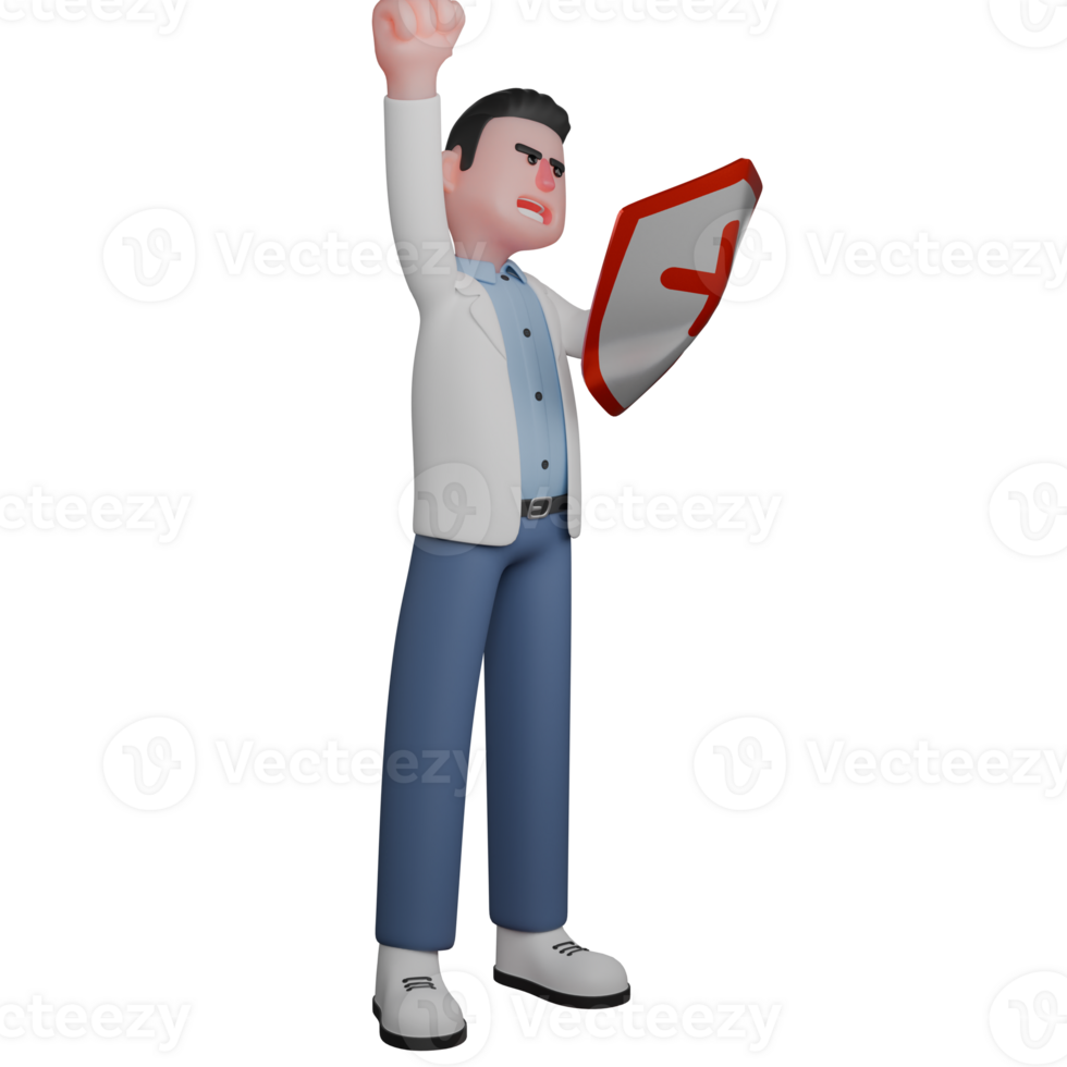 of Male Healthcare Professional. Doctor Raising Hand with Health Shield. 3D Doctor png
