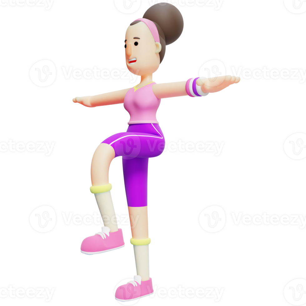 3D Girl Yoga Poses. Female Character in Leg Balance Exercise Pose. Illustrated Pack png