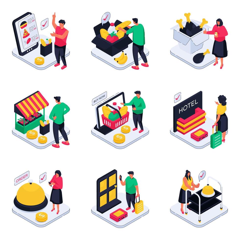 Set of Online Food Isometric Illustrations vector