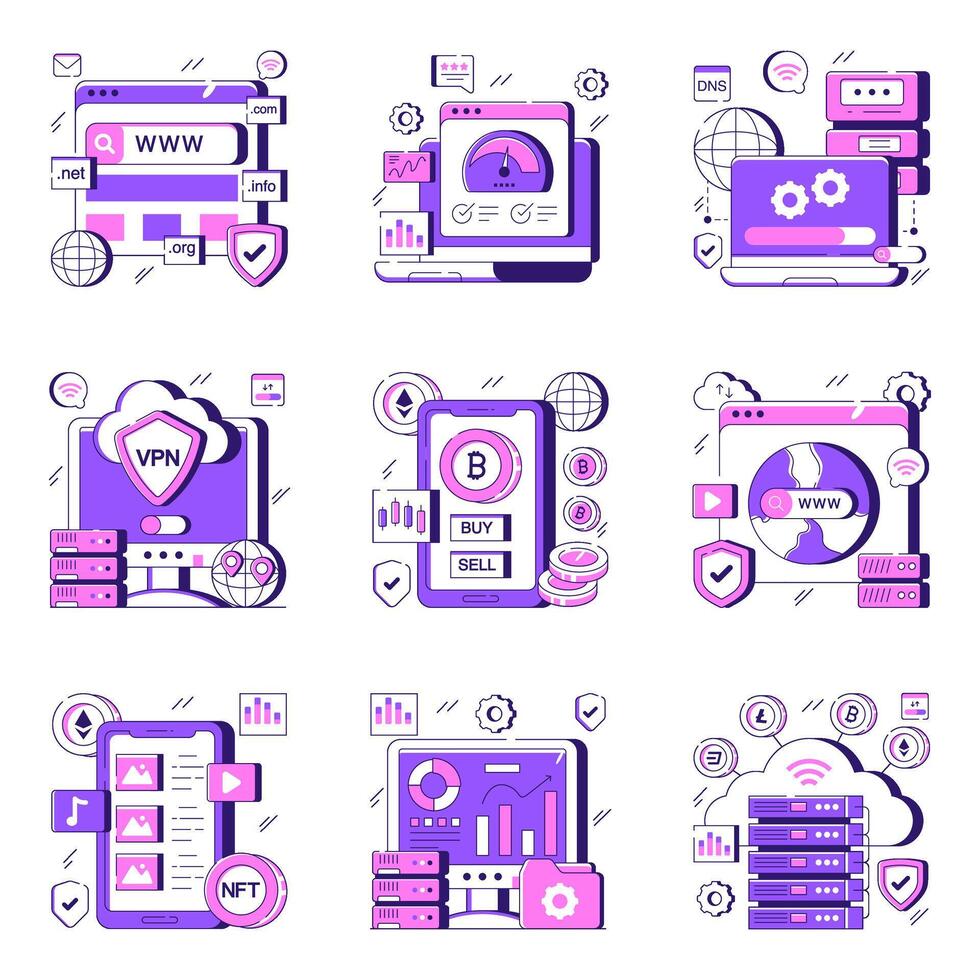 Set of Data and Blockchain Flat Illustrations vector