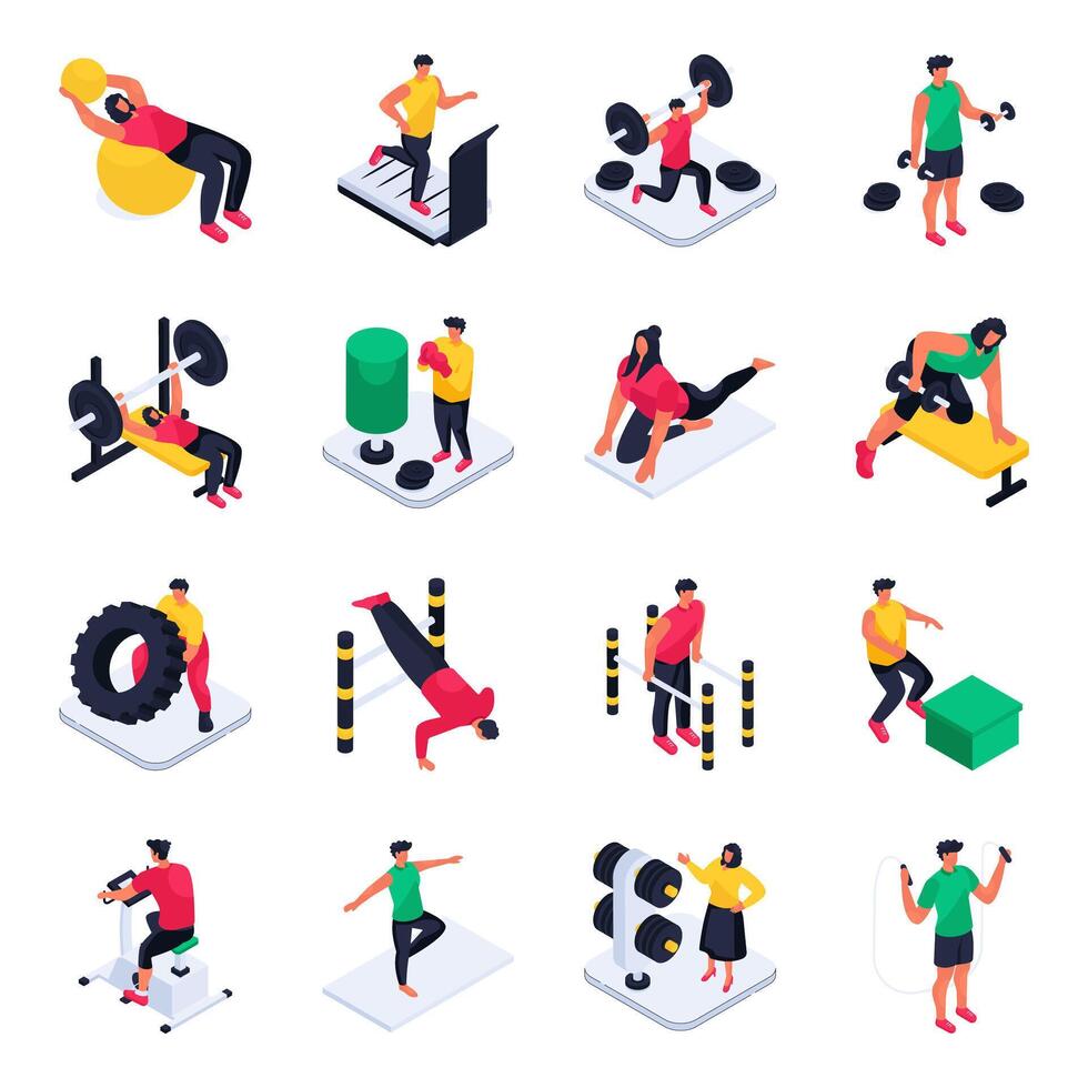 Set of Fitness Isometric Illustrations vector