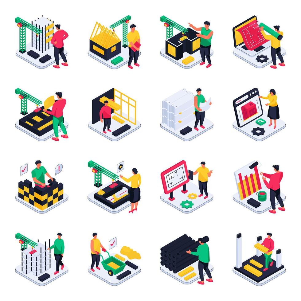 Pack of Labour and Construction isometric illustration vector