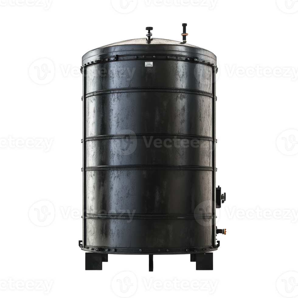 Black cylindrical storage tank for industrial use in a factory setting png