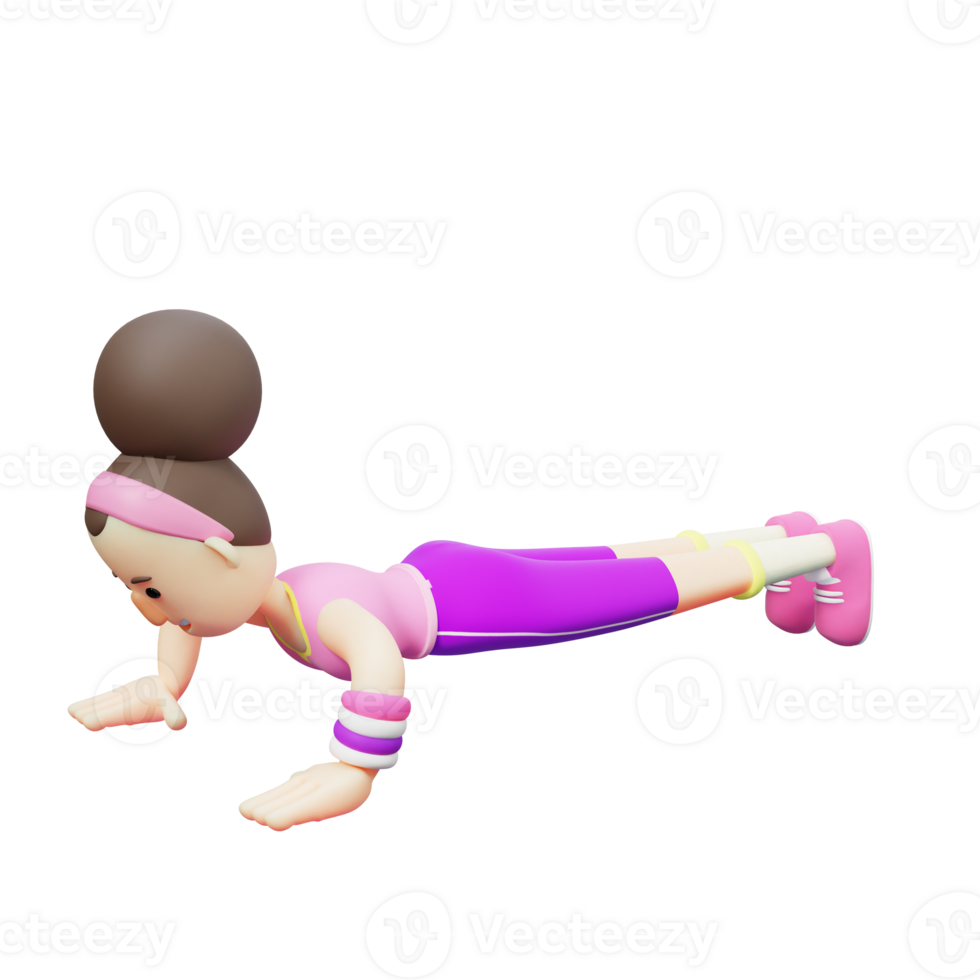 Yoga Girl Cartoon. Cartoon Character Performing Push-Up. 3D Characterization png
