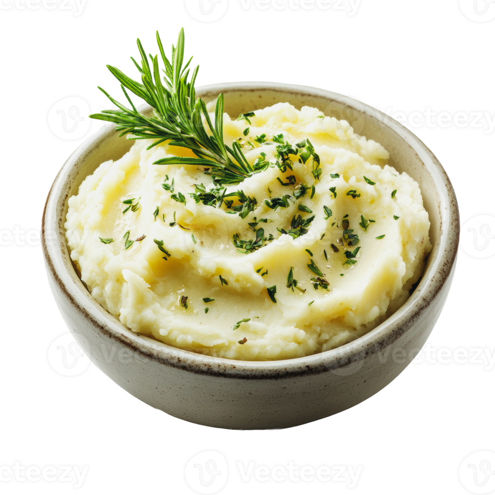 Creamy mashed potatoes with herbs in a bowl png