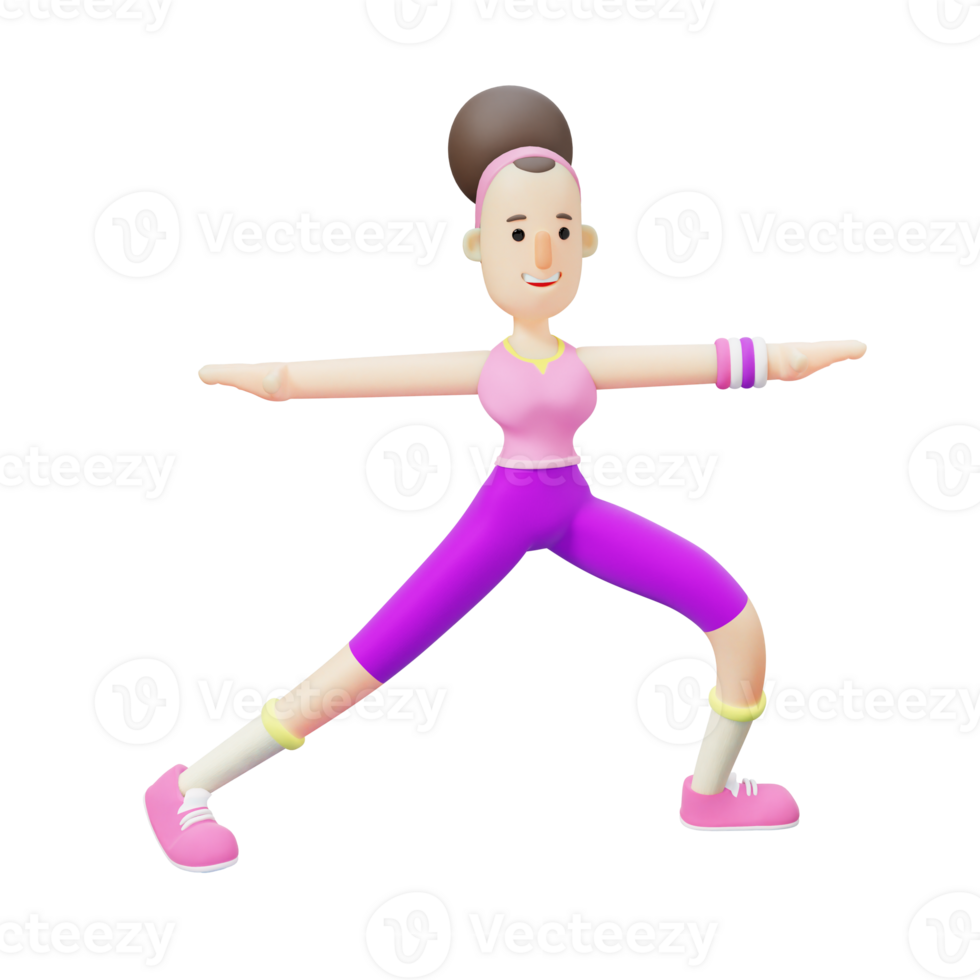 Girl Yoga Pose. Cartoon Character Performing Warrior II Pose in Yoga. 3D Cartoon Pack png