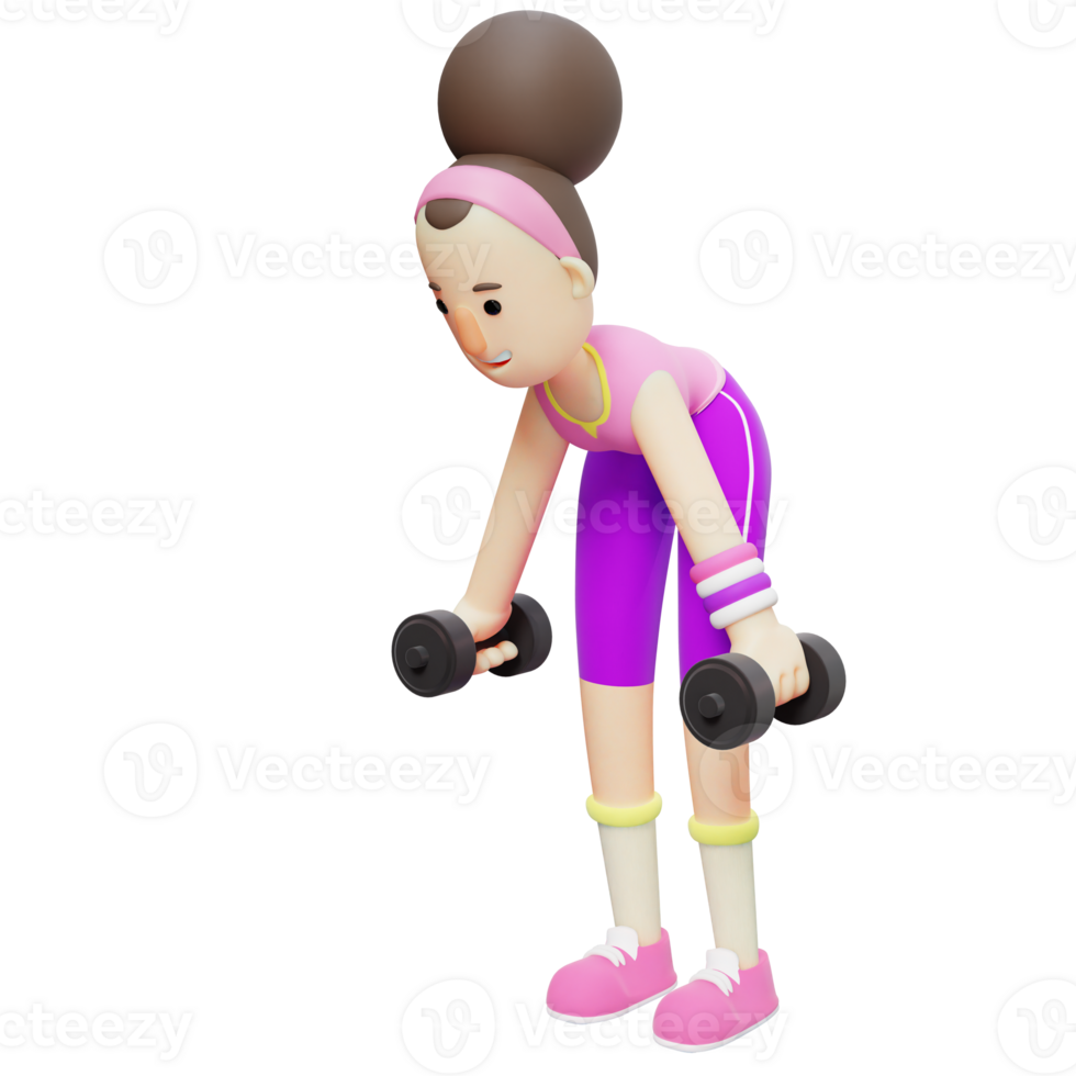 3D Yoga Poses Girl. Cartoon Character Performing Dumbbell Deadlift Exercise. Cartoon Character png