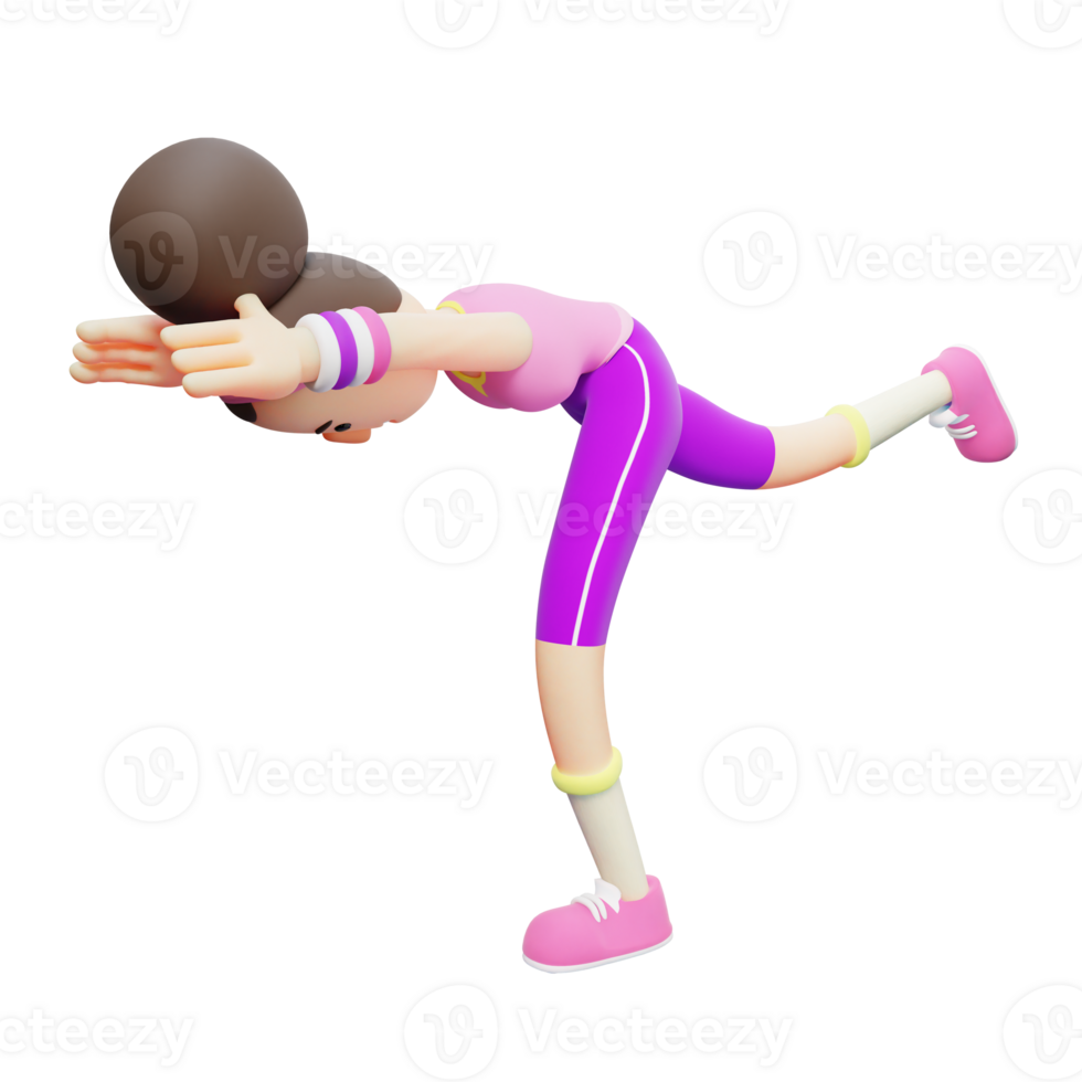 3D Yoga Pack. Cartoon Character Performing Warrior III Pose in Yoga. Cartoon Girl Flexibility png