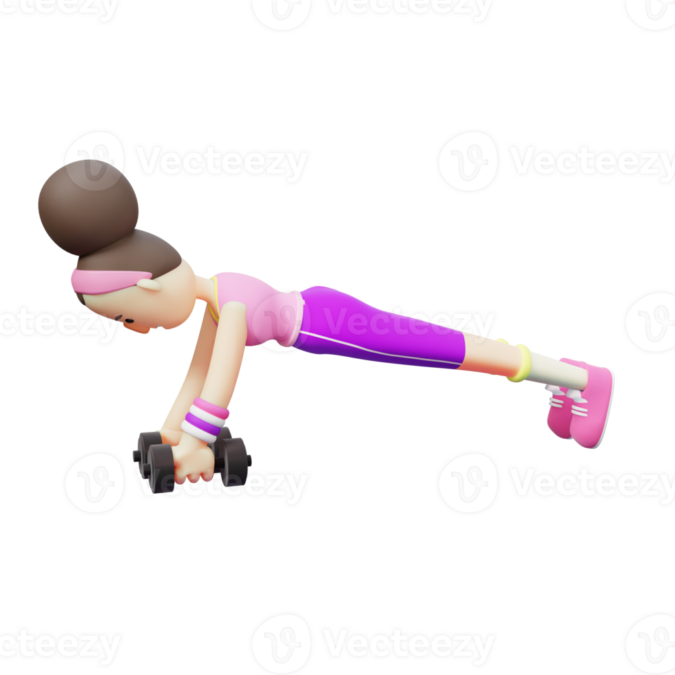 Illustrated 3D Yoga Girl. Cartoon Character Doing Plank with Dumbbells for Fitness. Character Design png